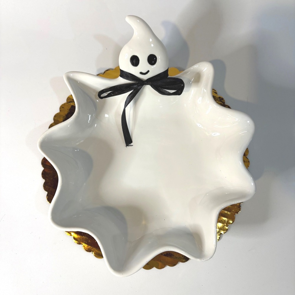 Two's Company Ceramic Ghost Candy Bowl Halloween Decor White Dish with Black Bow
